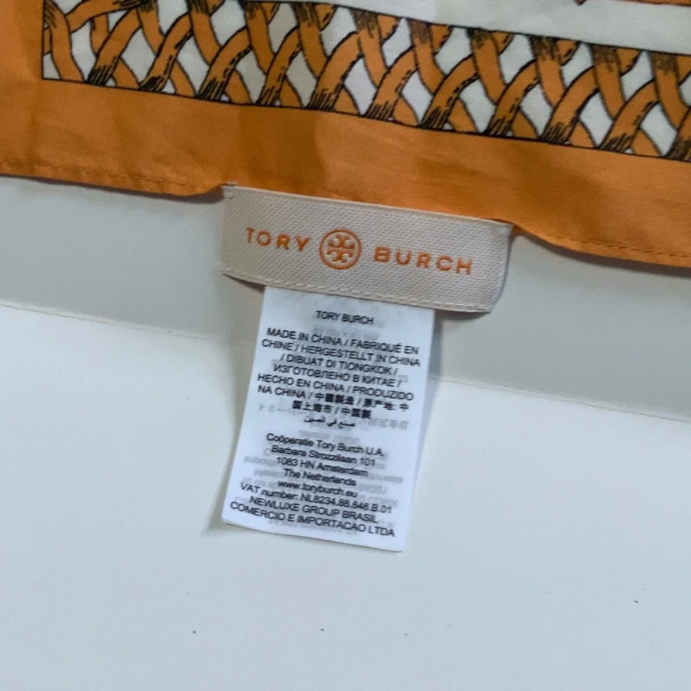Tory Burch Orange and White Scarf, 25x25” - Picture 2 of 3